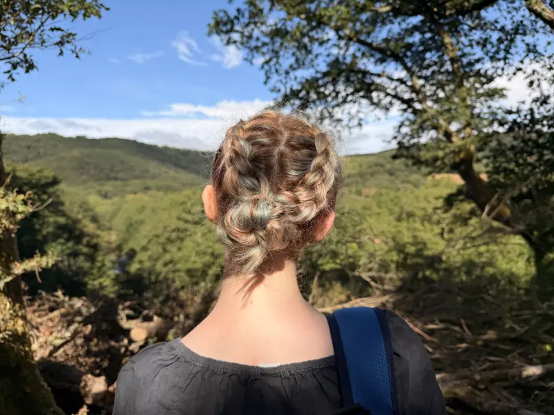 A young person with a rucksack, seen from behind, looking out over a wooded valley